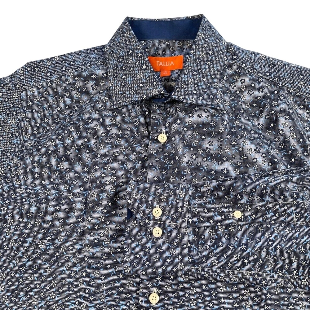 Tallia Shirt Mens Small 14 1/2 Navy Blue Floral Starfish Print‎ Flip Cuff Cotton